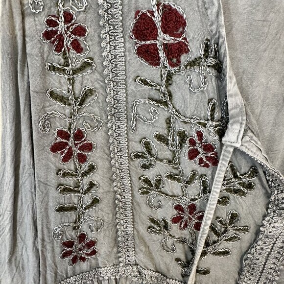 Anandas Womens Embroidered Boho Tunic Top Long Sleeves Rayon Large Grey - Picture 9 of 11
